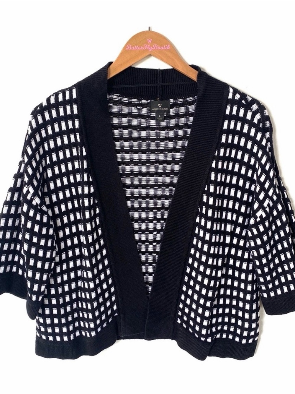 Worthington Black and White Grid Open-Front Cardigan
